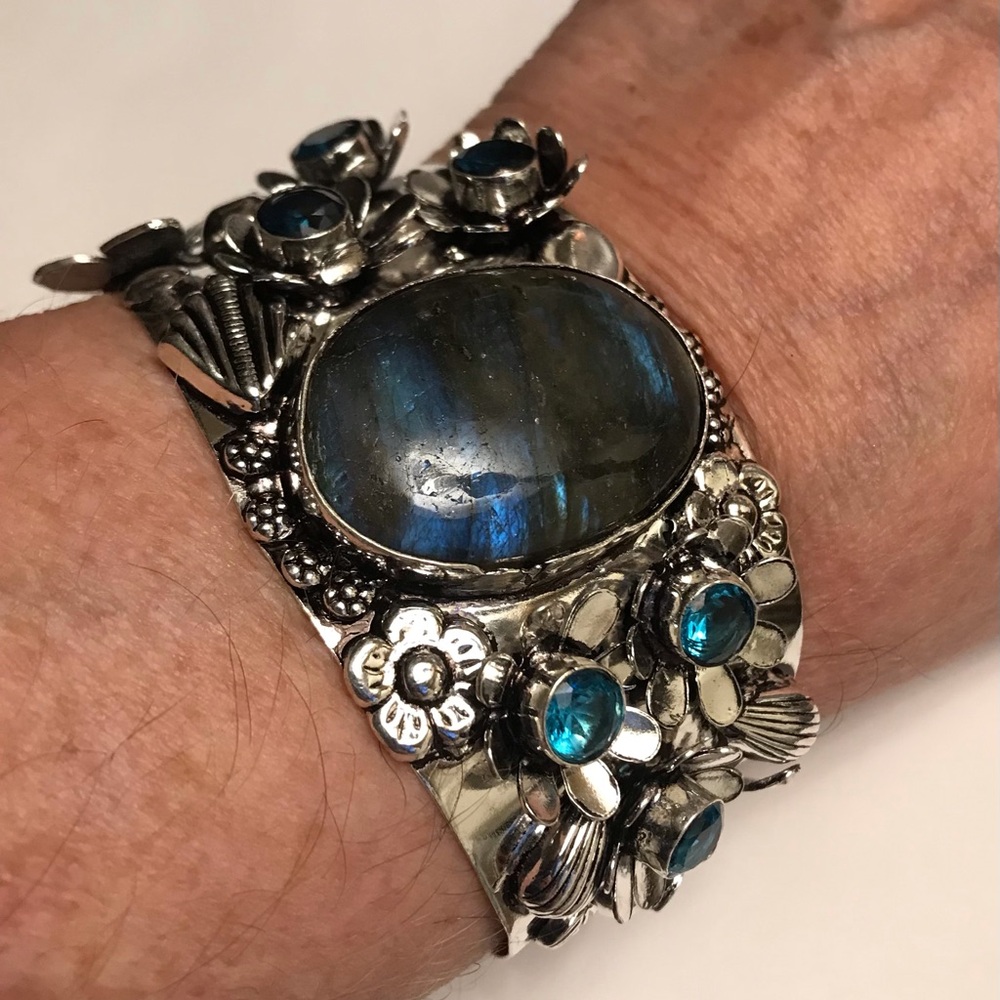 Labradorite Blue Topaz Stamped Silver Cuff Bracelet